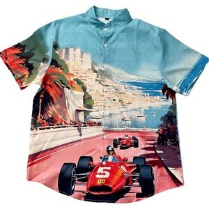 Coolest MONACO GRAND PRIX Linen Look Button-Down SHIRT Size Medium NWOT
